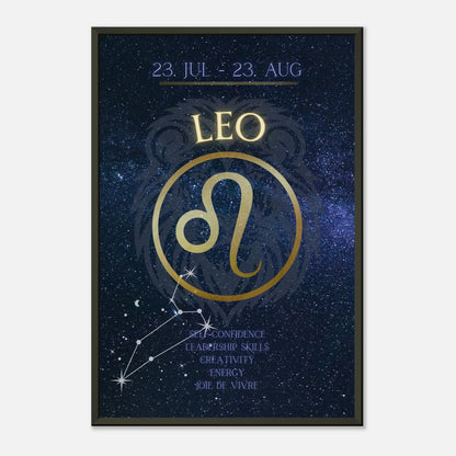 Leo zodiac wall art in black metal frame front view with blue galaxy background and astrology symbol