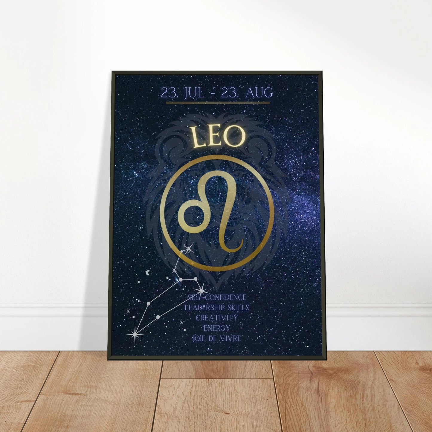Leo wall art poster leaning against wall in black metal frame modern bedroom decor mockup