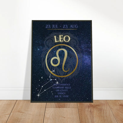 Leo wall art poster leaning against wall in black metal frame modern bedroom decor mockup