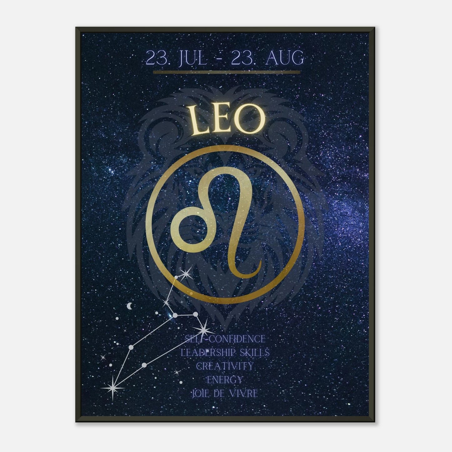 Leo wall art poster in black metal frame featuring zodiac symbol and cosmic constellation design