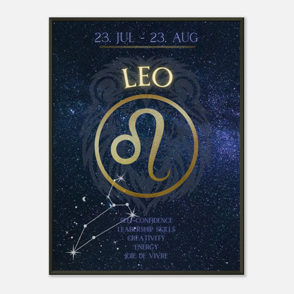 Leo wall art poster in black metal frame featuring zodiac symbol and cosmic constellation design