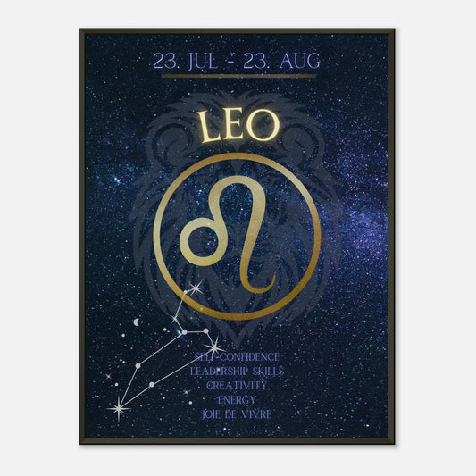 Leo wall art poster in black metal frame featuring zodiac symbol and cosmic constellation design