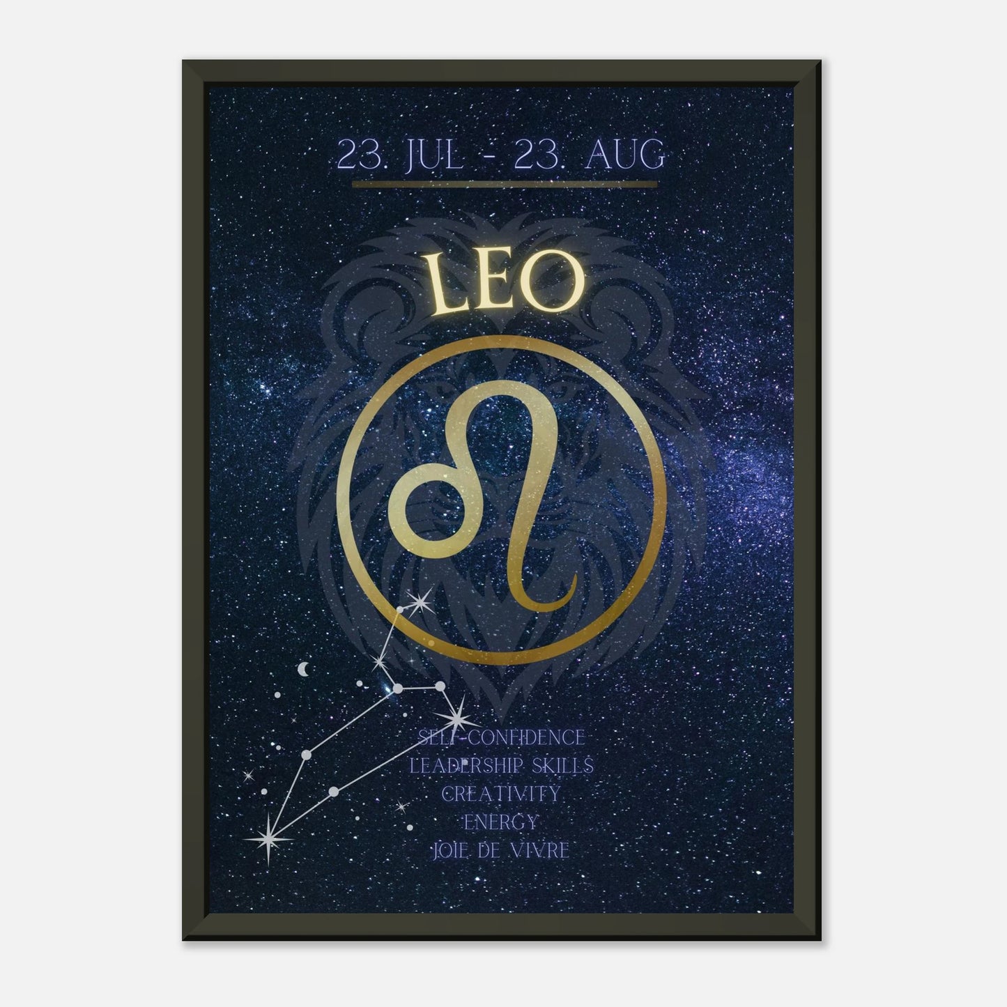Leo astrology poster in black metal frame clean studio mockup showing horoscope artwork