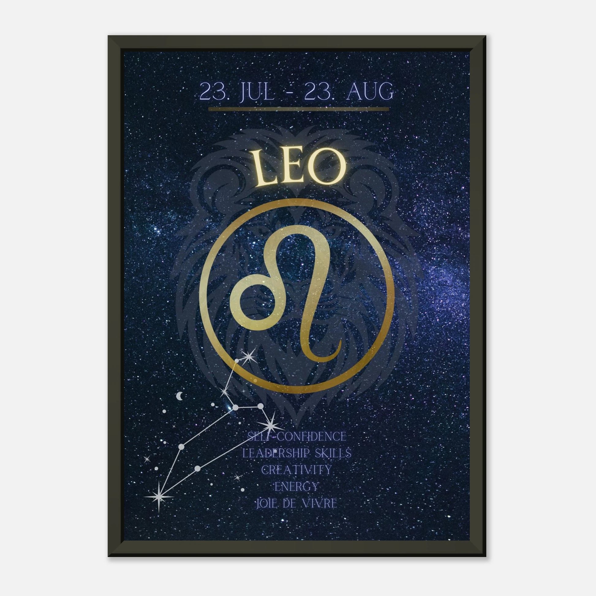 Leo astrology poster in black metal frame clean studio mockup showing horoscope artwork