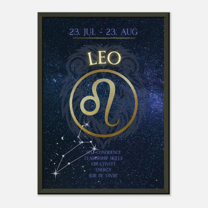Leo astrology poster in black metal frame clean studio mockup showing horoscope artwork