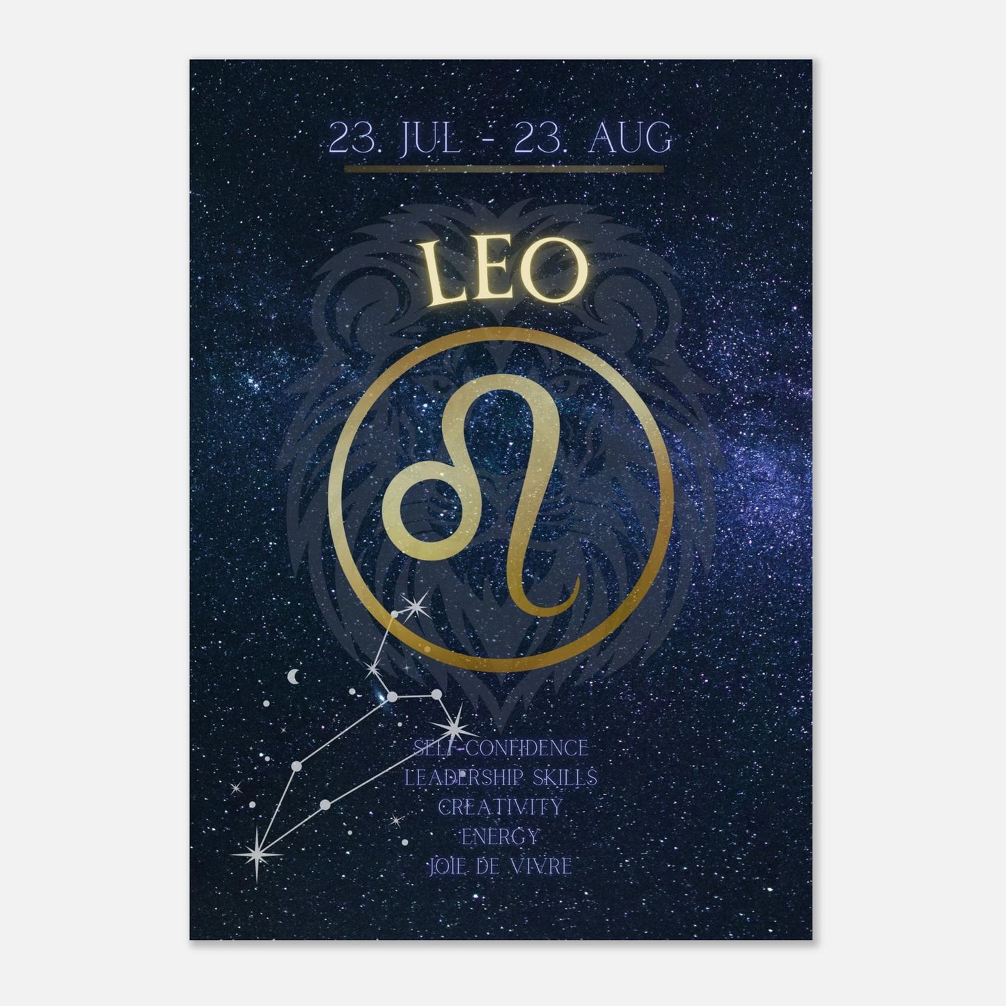 Leo Zodiac Poster – auffälliges Sternzeichen-Wandbild in Dunkelblau und Gold mit Löwe-Symbol, Datum und Charaktereigenschaften