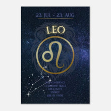 Leo Zodiac Poster – auffälliges Sternzeichen-Wandbild in Dunkelblau und Gold mit Löwe-Symbol, Datum und Charaktereigenschaften