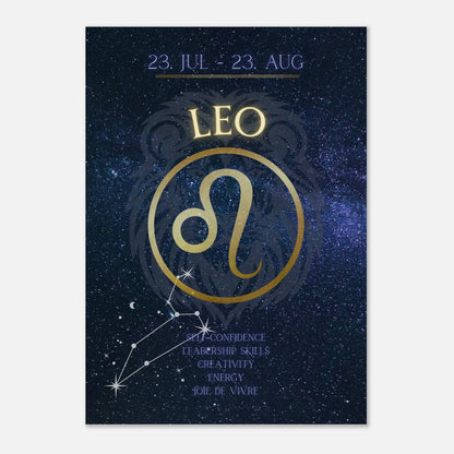 Leo Zodiac Poster – auffälliges Sternzeichen-Wandbild in Dunkelblau und Gold mit Löwe-Symbol, Datum und Charaktereigenschaften