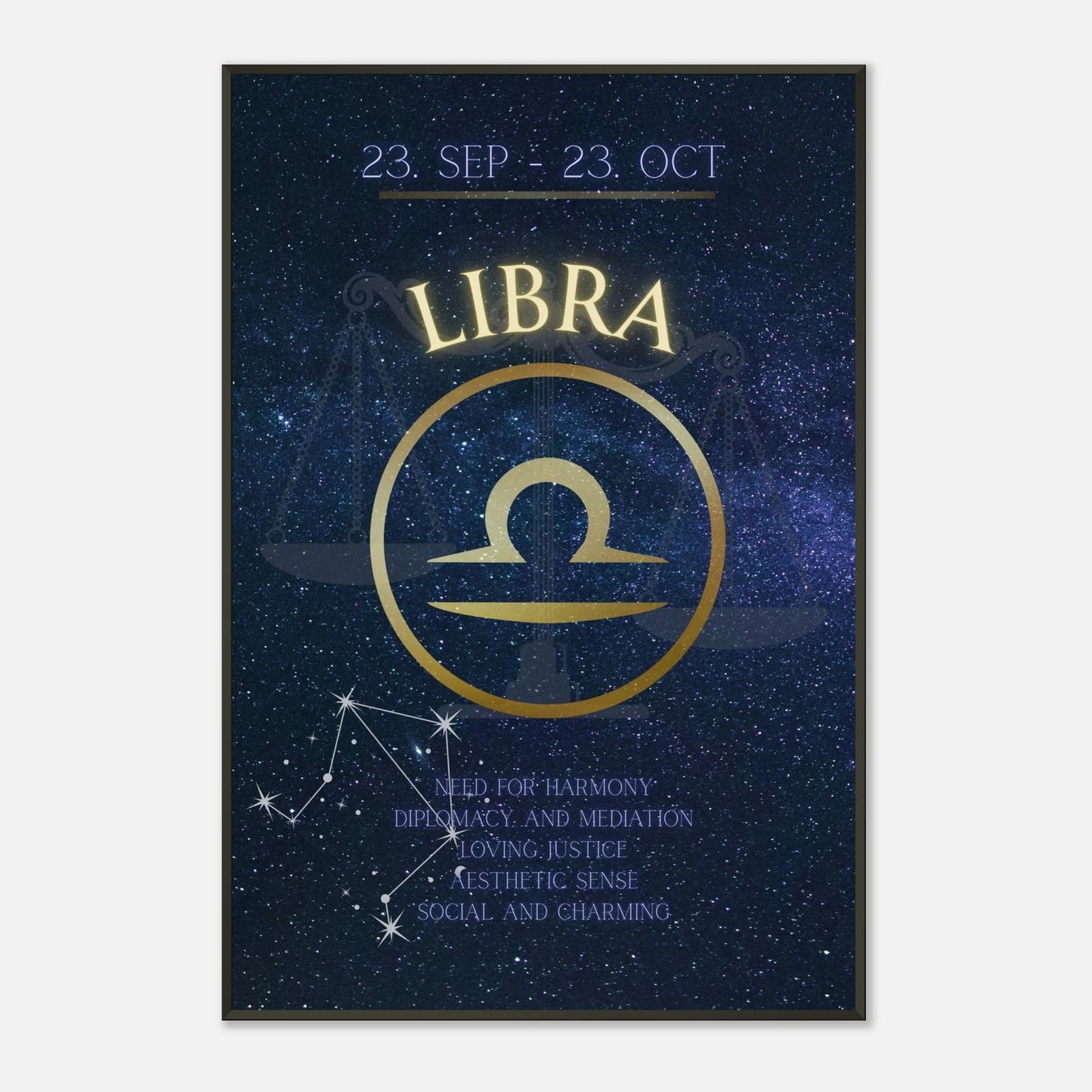 Libra horoscope wall art print in black metal frame featuring September 23 to October 23 zodiac dates