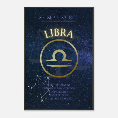 Libra horoscope wall art print in black metal frame featuring September 23 to October 23 zodiac dates