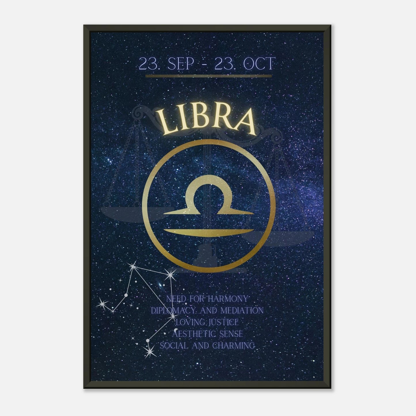 Libra zodiac wall art in black metal frame front view with blue galaxy background and astrology symbol