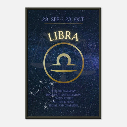 Libra zodiac wall art in black metal frame front view with blue galaxy background and astrology symbol