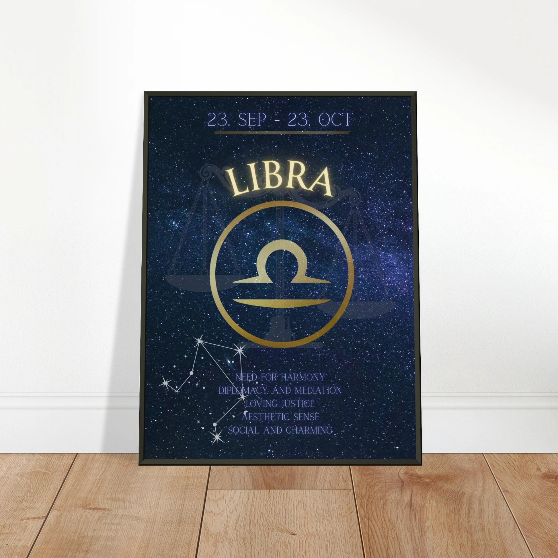 Libra wall art poster leaning against wall in black metal frame modern bedroom decor mockup