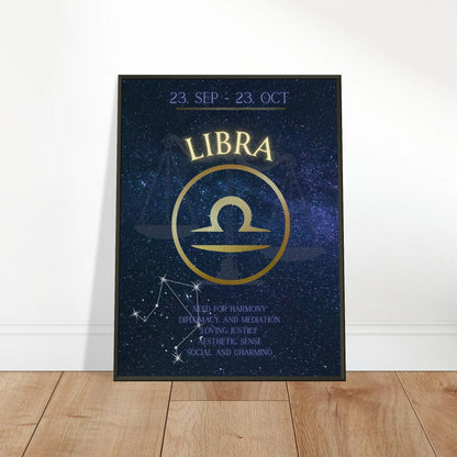 Libra wall art poster leaning against wall in black metal frame modern bedroom decor mockup