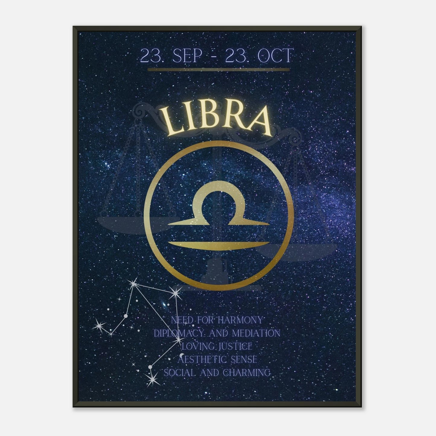Libra wall art poster in black metal frame featuring zodiac symbol and cosmic constellation design