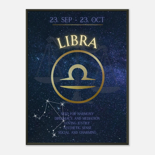 Libra wall art poster in black metal frame featuring zodiac symbol and cosmic constellation design