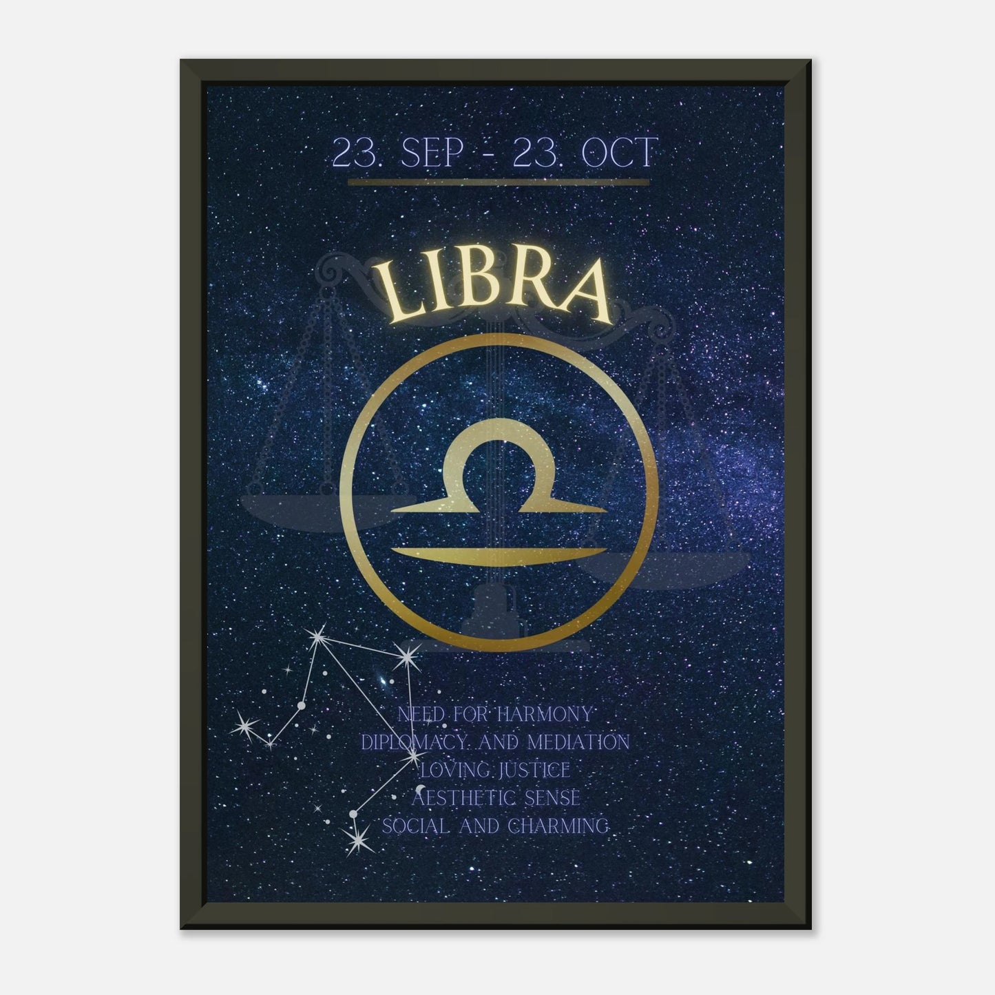 Libra astrology poster in black metal frame clean studio mockup showing horoscope artwork