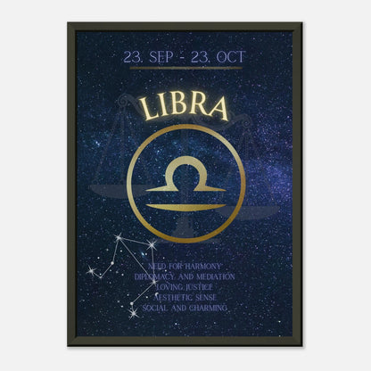 Libra astrology poster in black metal frame clean studio mockup showing horoscope artwork