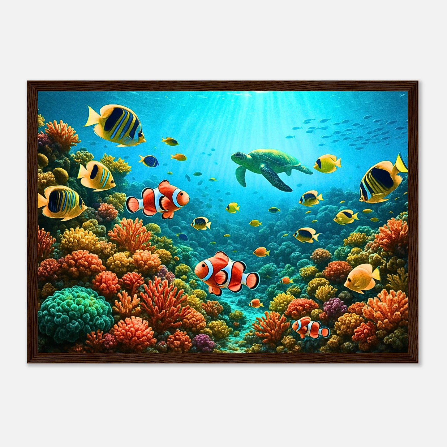 Life Beneath the Waves Poster mit dunkelbraunem Holzrahmen – exklusives Unterwasser Motiv für stilvolle Räume