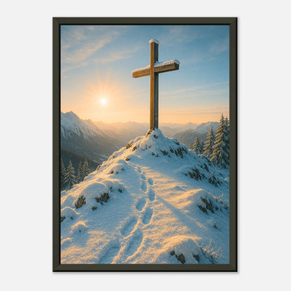 Detailansicht des Light Over the Peaks Posters – warmes Sonnenlicht über verschneiten Alpen, hochwertige Druckqualität mit feinem Metallrahmen.