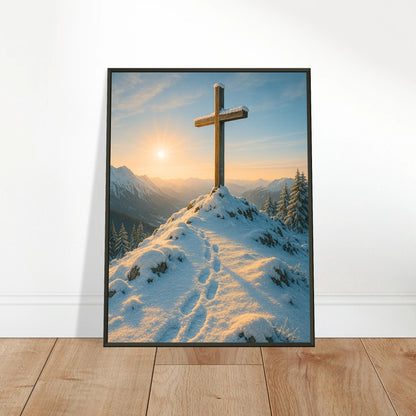 Light Over the Peaks Poster an die Wand gelehnt – harmonische Alpenstimmung mit Kreuzmotiv, modernes spirituelles Wandbild im Metallrahmen.