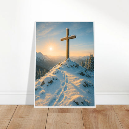Light Over the Peaks Poster ohne Rahmen – Kreuz im Schnee auf Berggipfel, spirituelles Wandbild, angelehnt an die Wand