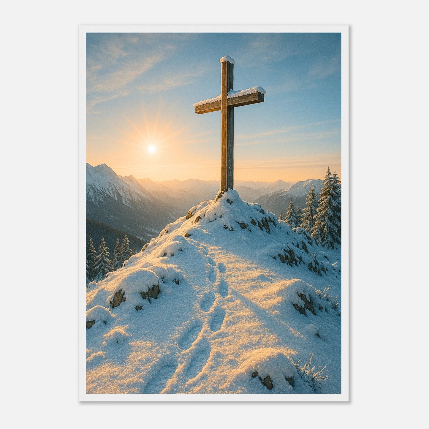 Light Over the Peaks Poster im weißen Holzrahmen – spirituelles Wandbild mit Kreuz auf schneebedecktem Berg