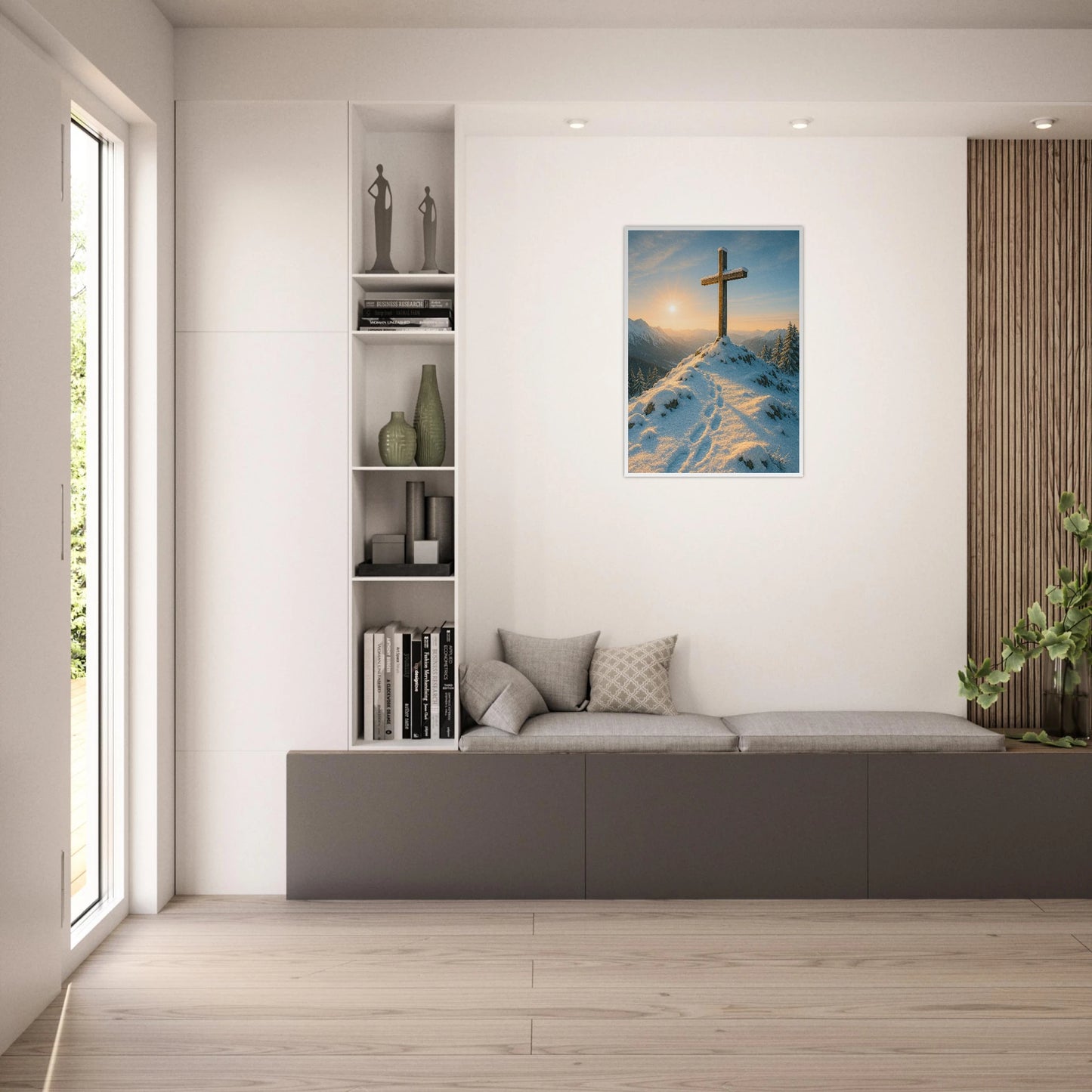 Light Over the Peaks Poster mit Kreuz in den Alpen – spirituelle Winterlandschaft als Wanddekoration im Wohnzimmer