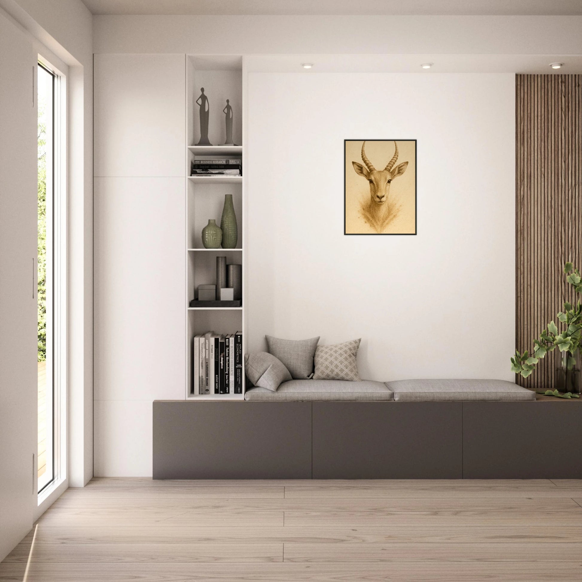 Linear Wild Poster im hellen Wohnzimmer – stilvolle Antilope als Wandkunst im schwarzen Rahmen, perfekt für moderne skandinavische Einrichtungen.