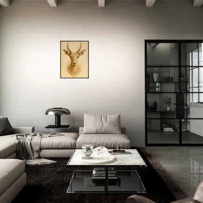 Linear Wild Poster im modernen dunklen Wohnzimmer – minimalistisches Antilopenmotiv als edles Highlight in elegantem schwarzen Metallrahmen.
