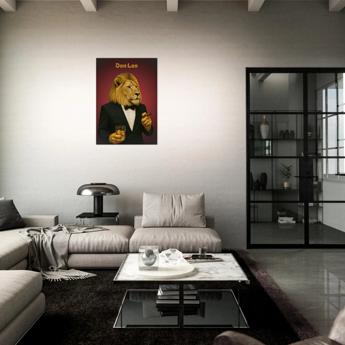 Lion in tuxedo art poster – Don Leo wall decor in elegant contemporary home by DEFA