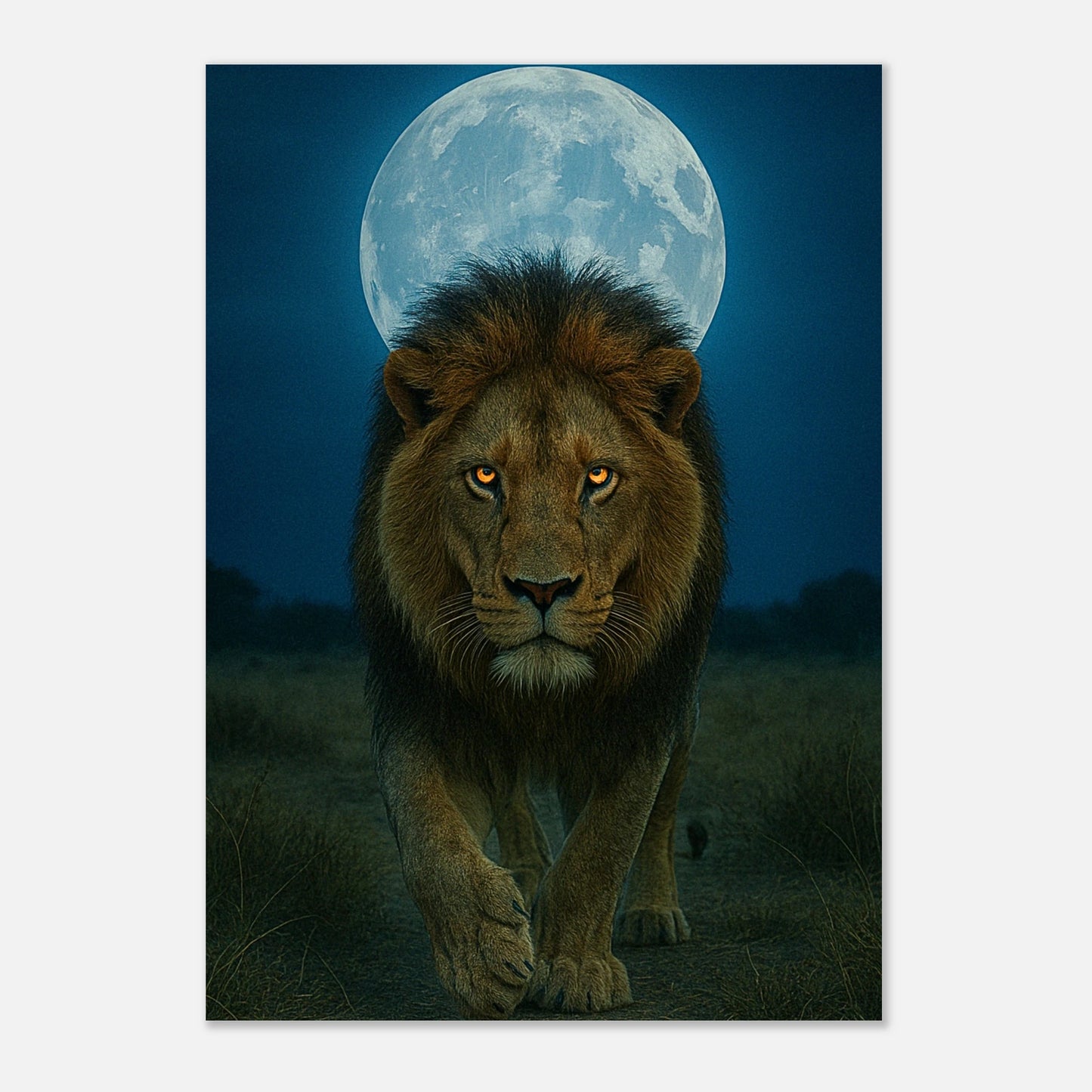Wild Nights Poster – Löwe unter Vollmond auf hellem Holzuntergrund präsentiert