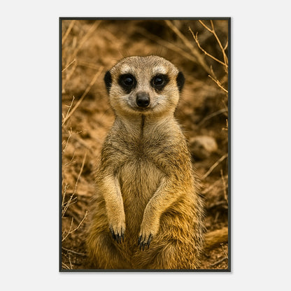 Detailaufnahme des Erdmännchen-Posters Little Lookout – feine Strukturen, sanfte Farbtöne und Premium-Druckqualität im schwarzen Metallrahmen.