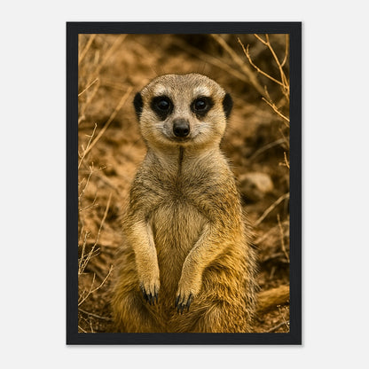 Erdmännchen Poster „Little Lookout“ mit schwarzem Rahmen – elegante Tierkunst für jede Wand.