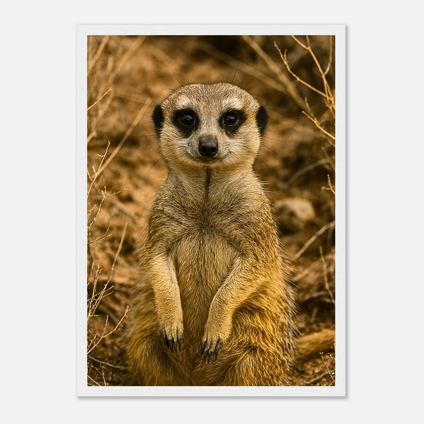 Poster „Little Lookout“ Erdmännchen mit weißem Rahmen – stilvolle Wanddekoration im modernen Look.