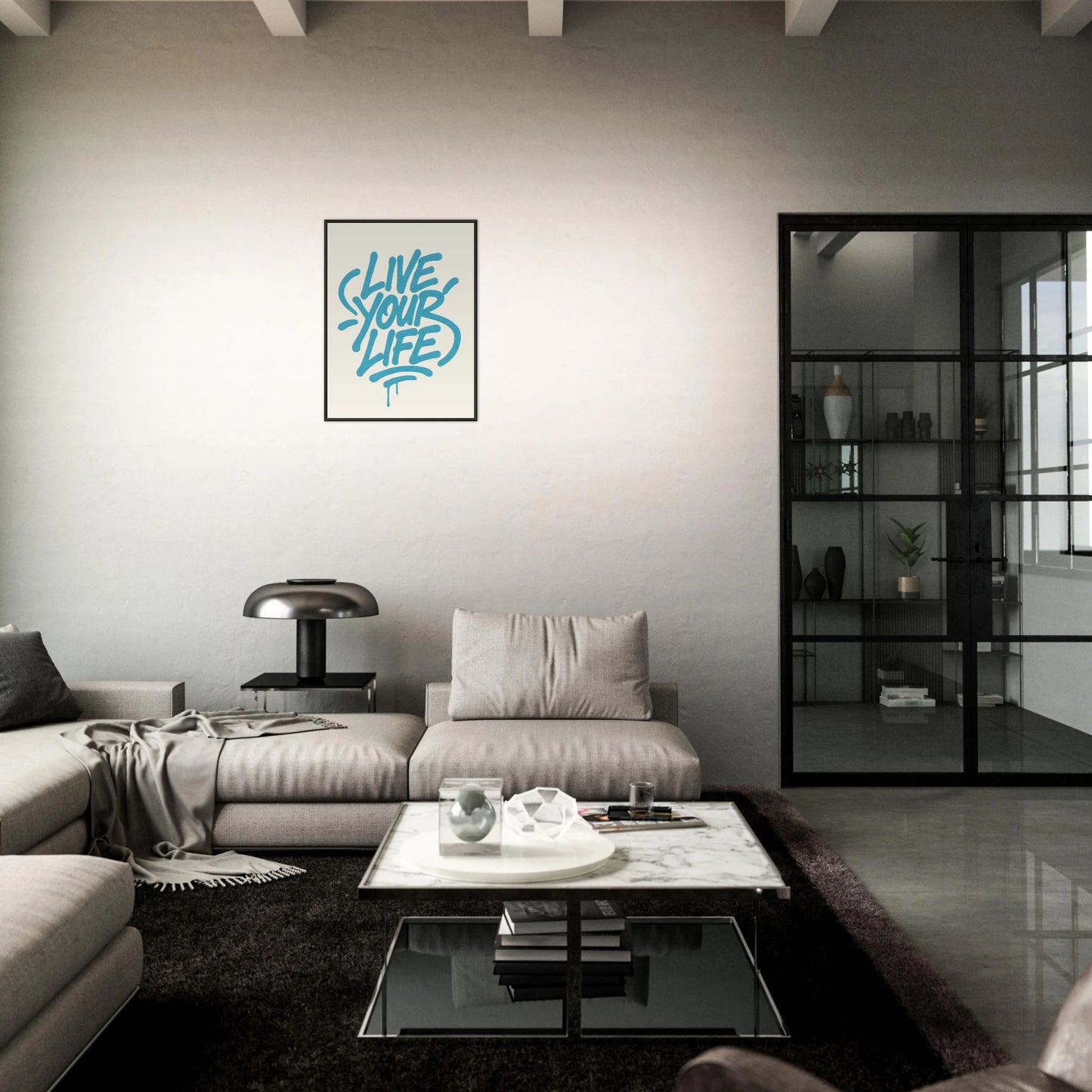 Live Your Life Blue street art poster in black metal frame styled in dark modern living room setting