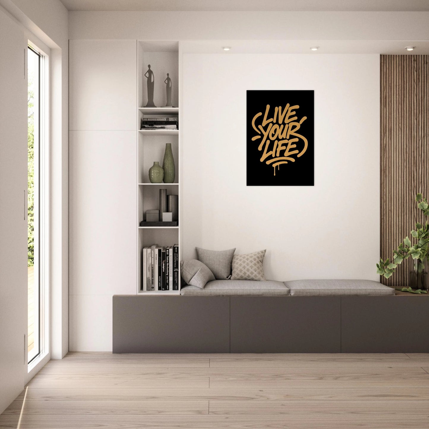 Live Your Life gold street art poster – modern motivational wall art in bright living room interior
