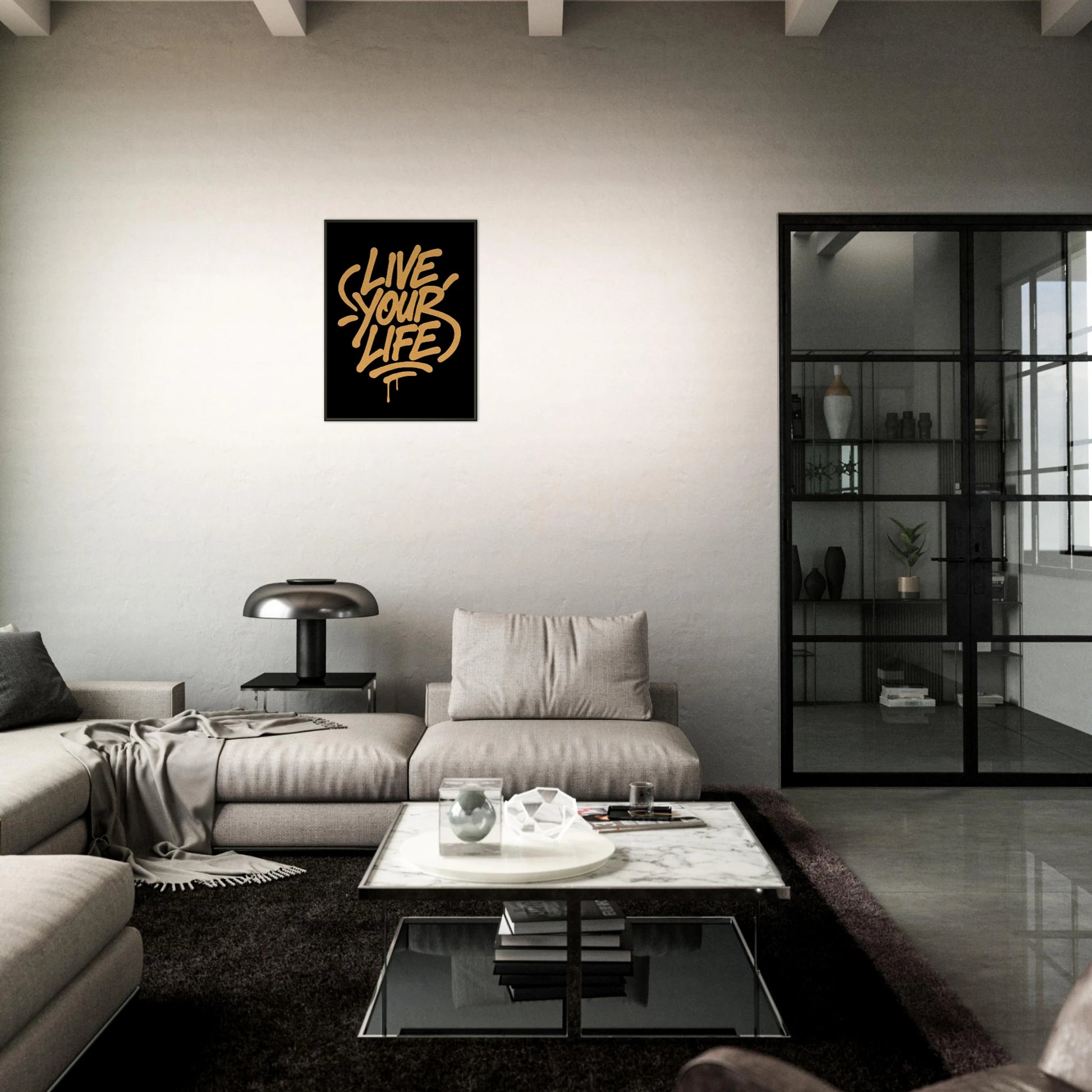 Live Your Life motivational poster in black metal frame styled in dark modern living room setting
