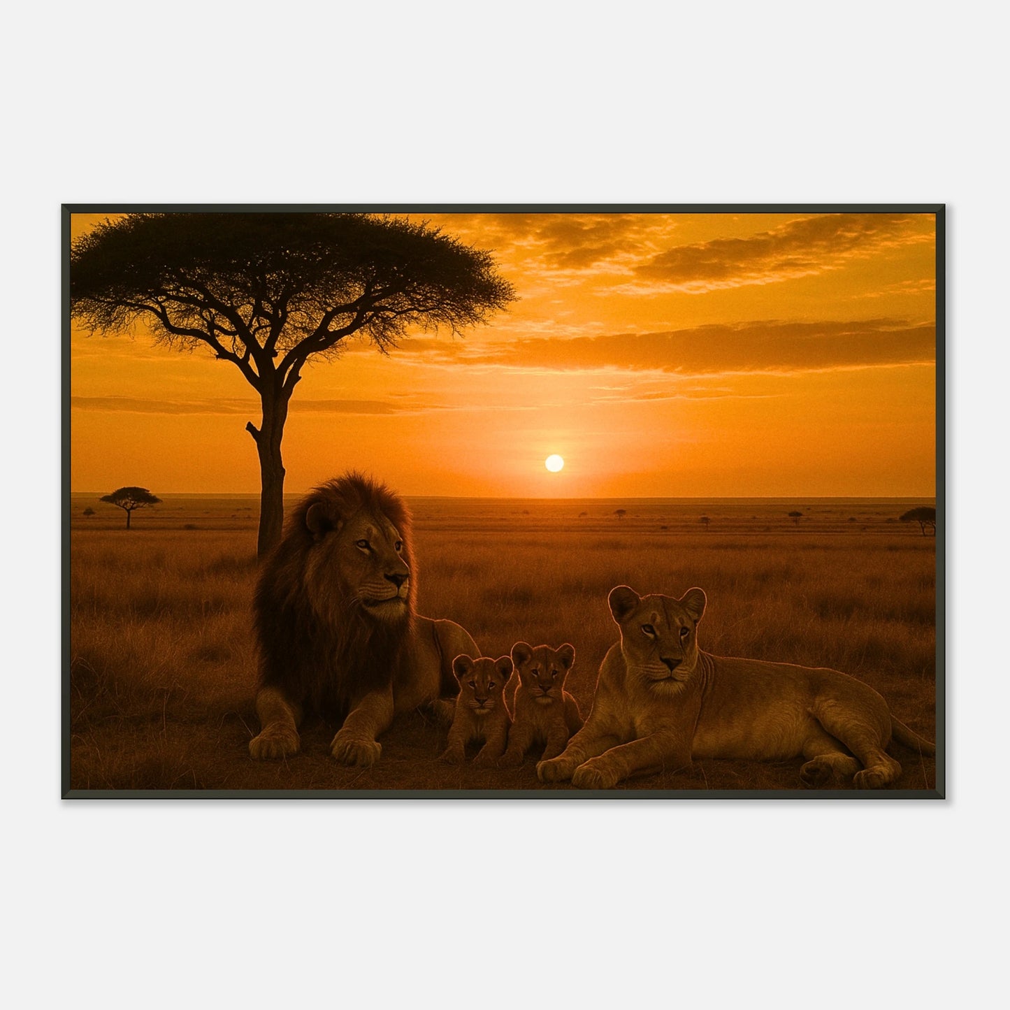 Löwen Poster „Savannah Legacy“ – afrikanische Wildnis mit Sonnenuntergang, Premium-Druck im schwarzen Metallrahmen | DEFA Designs