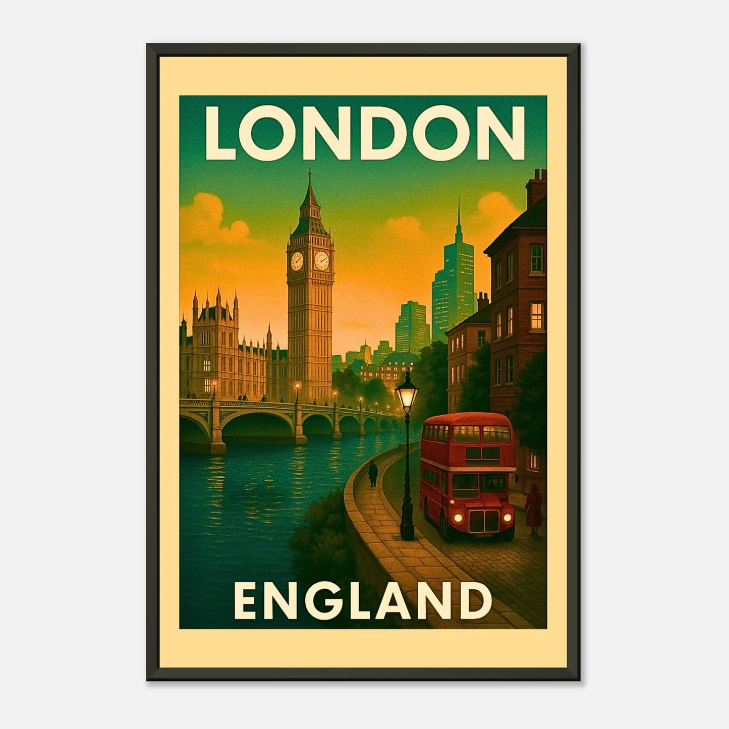 London city vintage poster in black metal frame with historic architecture and retro travel artwork