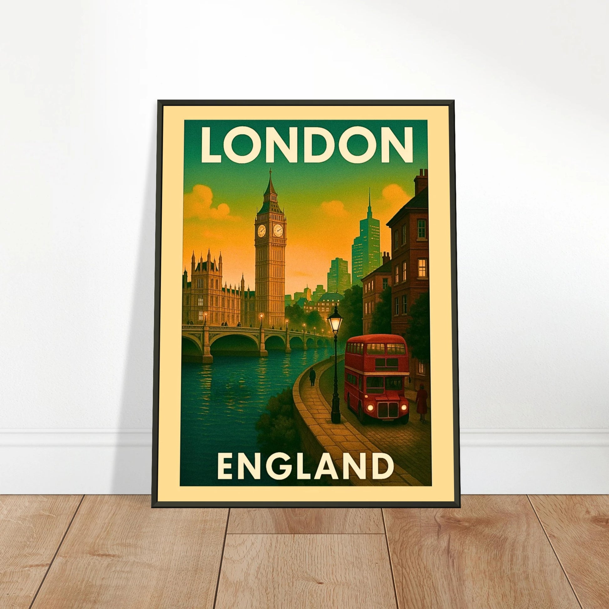 London England vintage travel poster leaning on floor in black metal frame