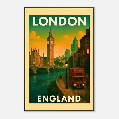 Retro London England wall art in black metal frame showing riverside streets, Big Ben and golden evening light