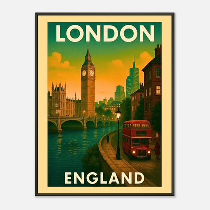 Vintage London England wall art poster in black metal frame with Big Ben, river Thames and classic travel illustration style
