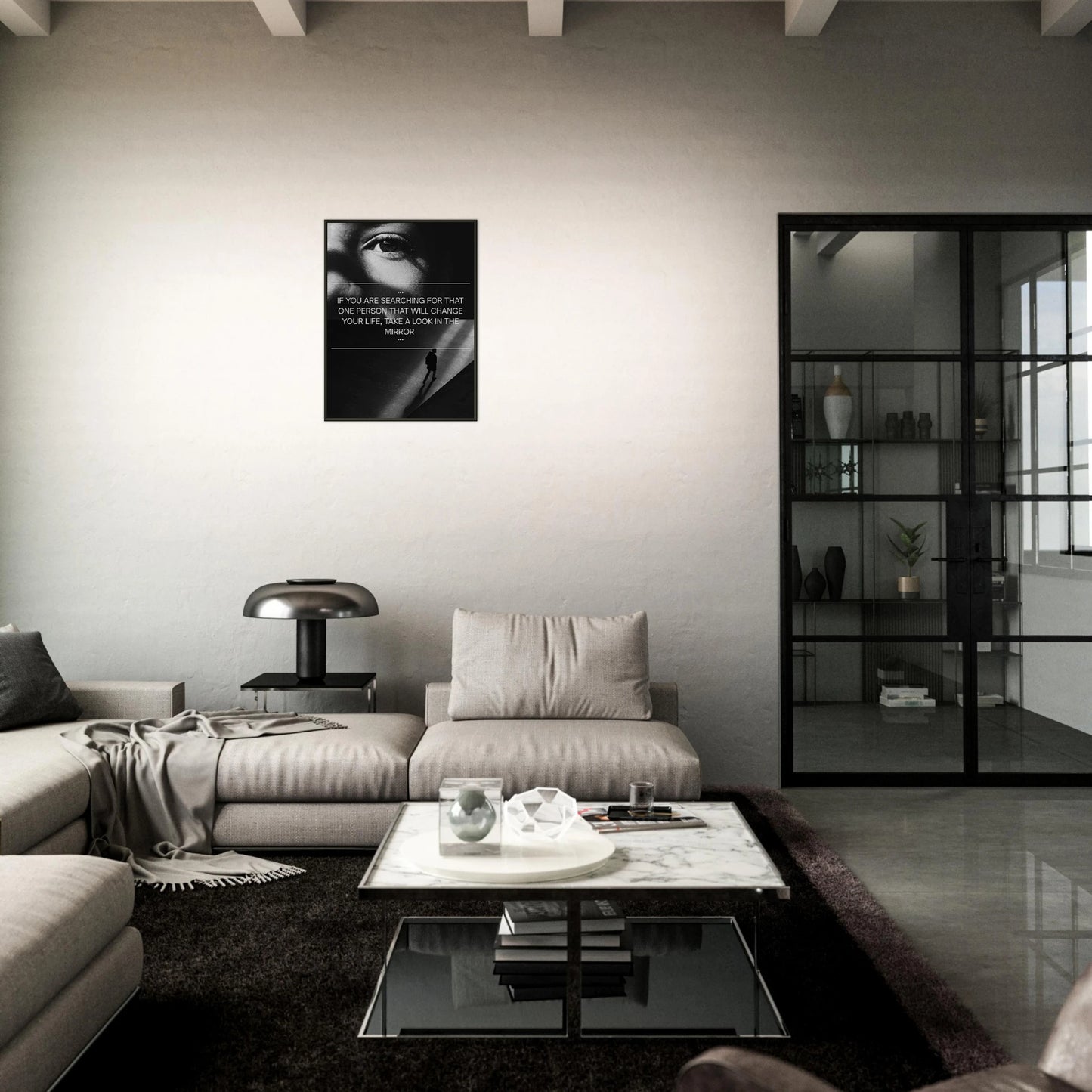 Look in the Mirror monochrome poster in black metal frame styled in dark modern living room setting