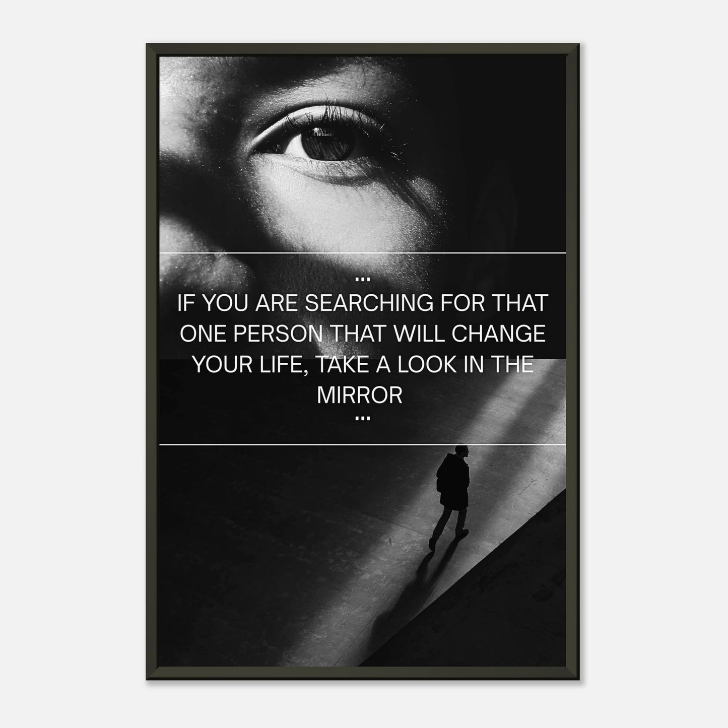 Look in the Mirror motivational wall art print in black metal frame with dramatic portrait and modern typography
