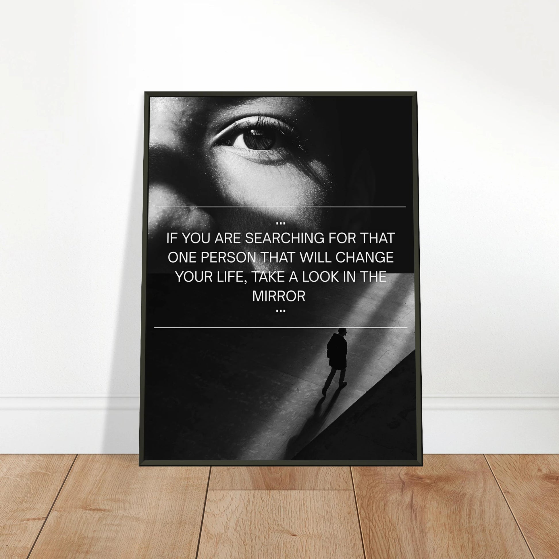 Look in the Mirror wall art poster leaning against wall in black metal frame modern office decor mockup