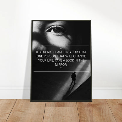 Look in the Mirror wall art poster leaning against wall in black metal frame modern office decor mockup