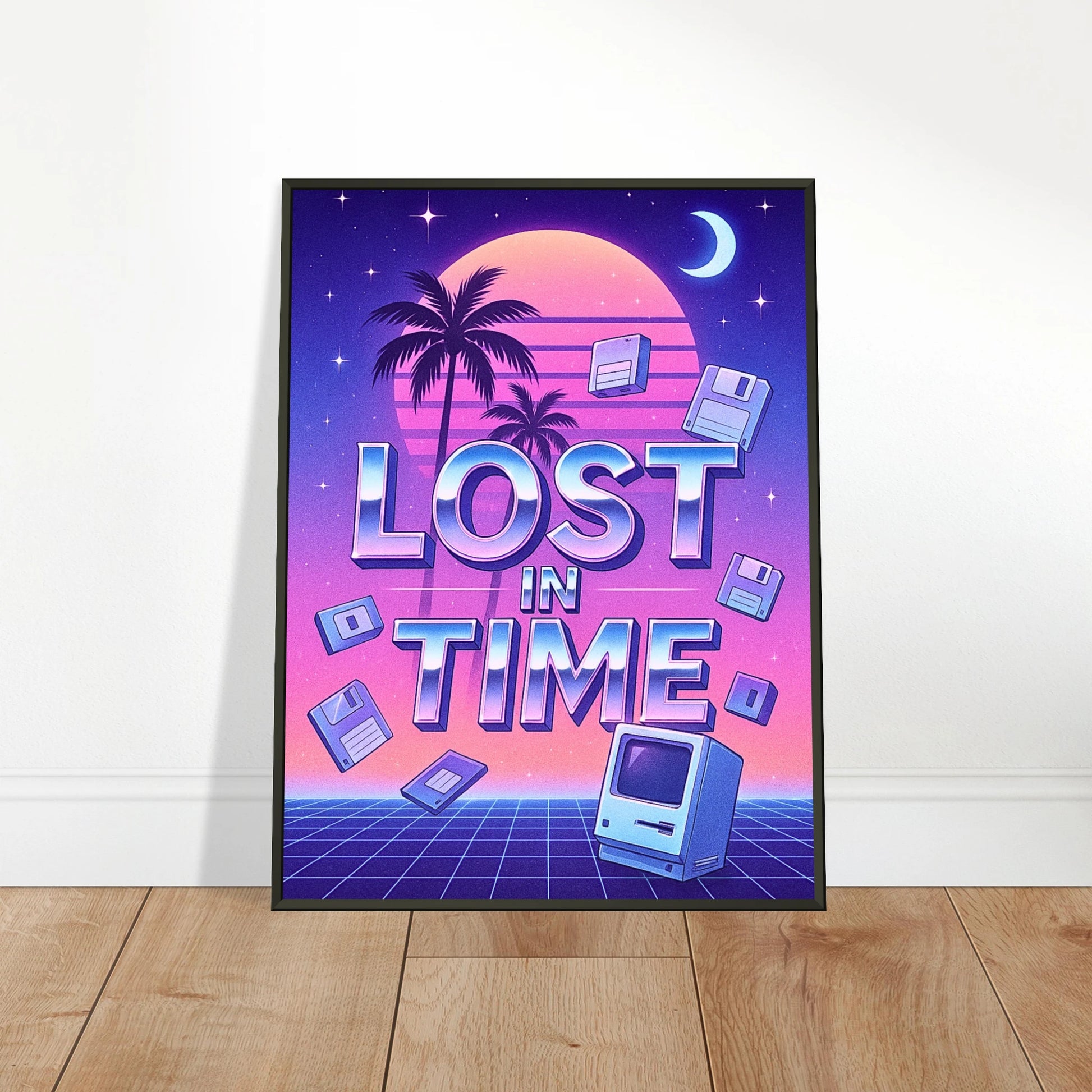 Lost in Time vaporwave wall art leaning on floor in black metal frame, retro 80s digital poster home decor