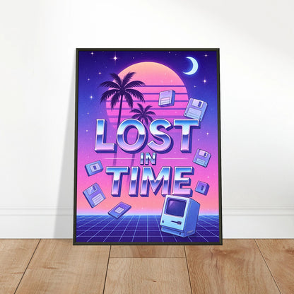 Lost in Time vaporwave wall art leaning on floor in black metal frame, retro 80s digital poster home decor