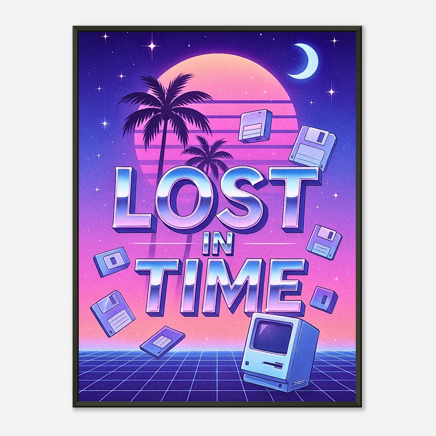Lost in Time retro future vaporwave wall art poster in black metal frame featuring 80s computer, floppy disks and neon sunset aesthetic